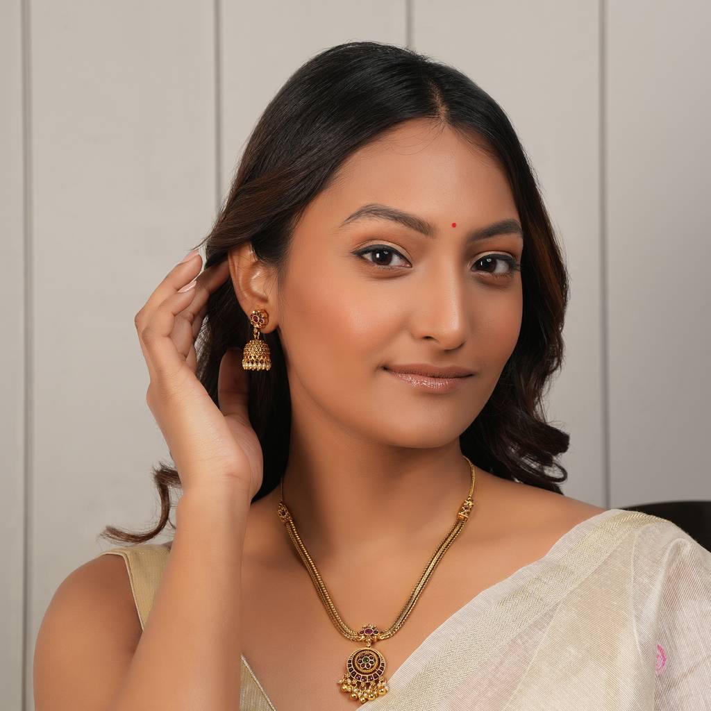 Amazing Antique Gold Multicolor Pendant Set With Jhumka Earring : SJ287