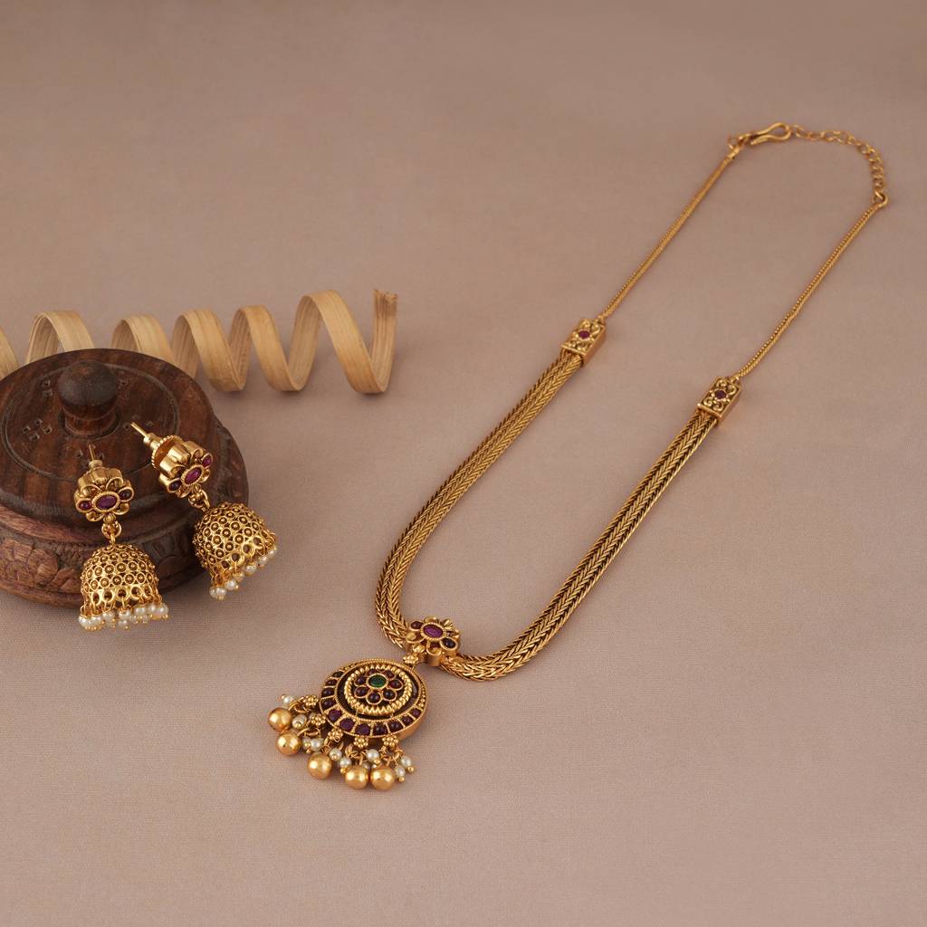 Amazing Antique Gold Multicolor Pendant Set With Jhumka Earring : SJ287