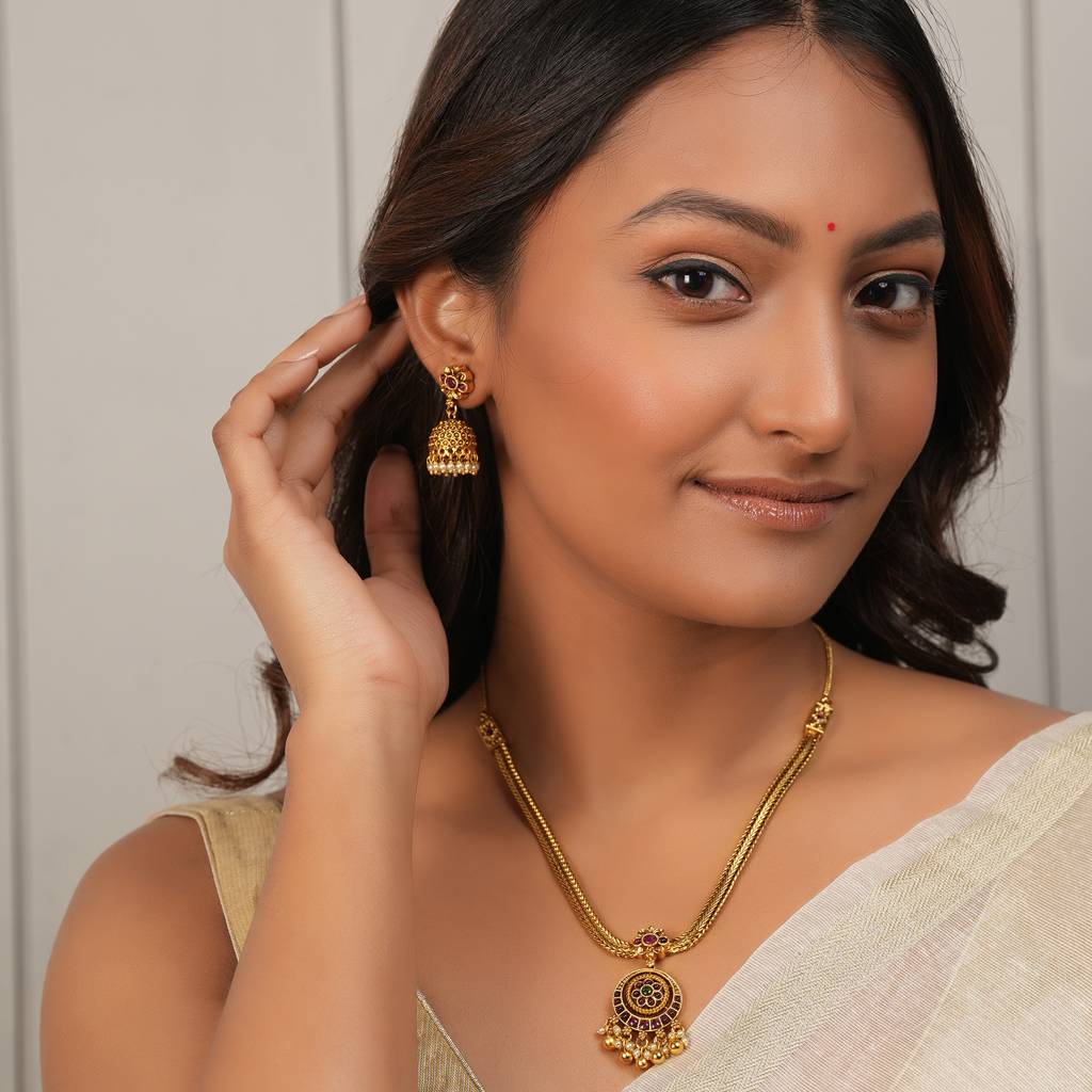 Amazing Antique Gold Multicolor Pendant Set With Jhumka Earring : SJ287