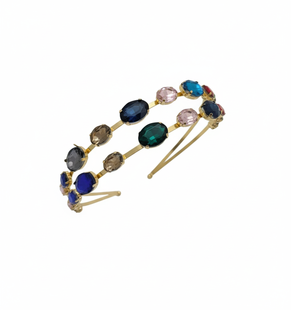 Gold Crystal Rhinestone Double Layer Hairband For Women Elegant Wedding Party Headband With Multicolor Stones : M4SK-A2