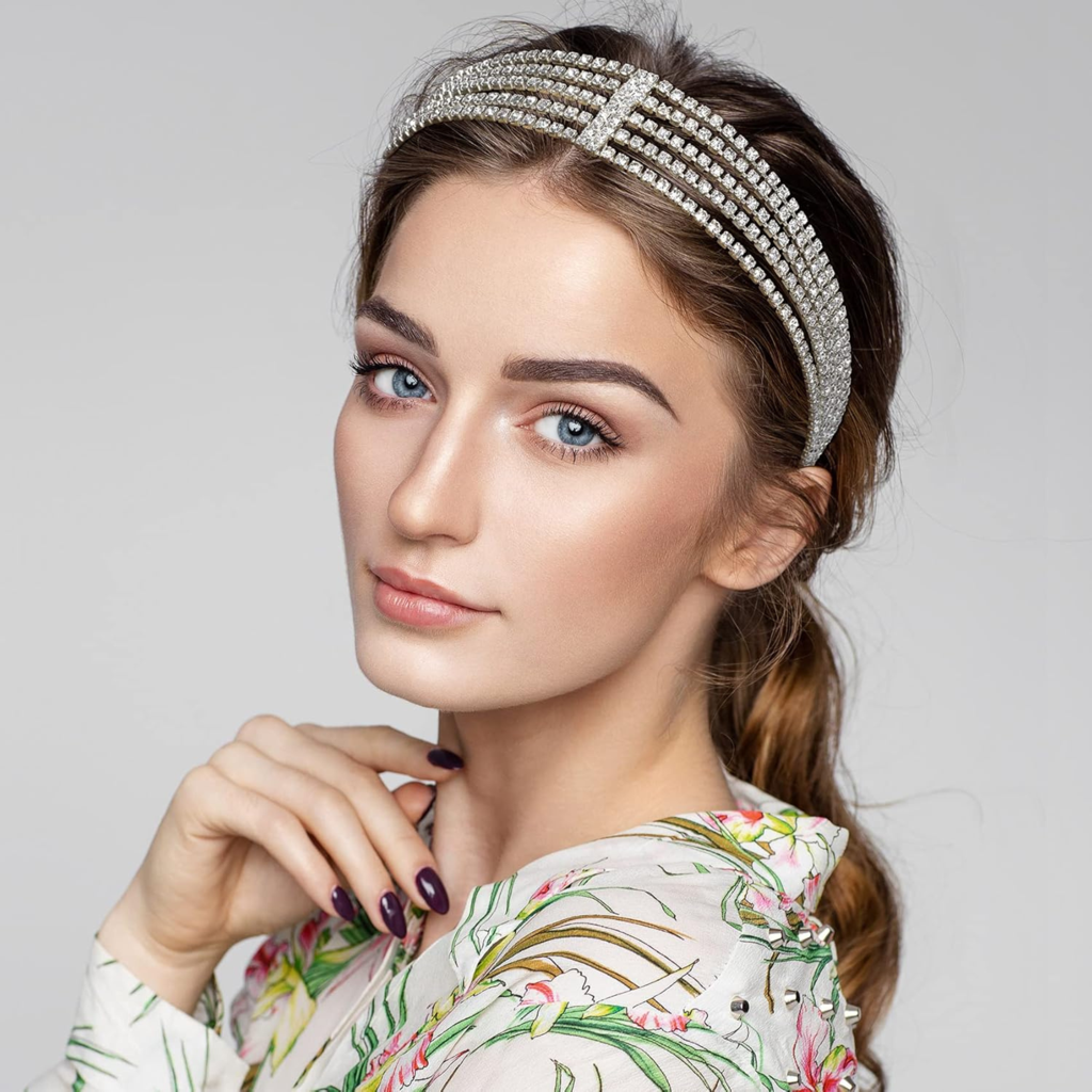 Multi-Layer Rhinestone Headband For Women - 5 Row Crystal Elastic Hair Band - Sparkling Diamond Hair Acce : MRSK-PT-GOLDSILVER