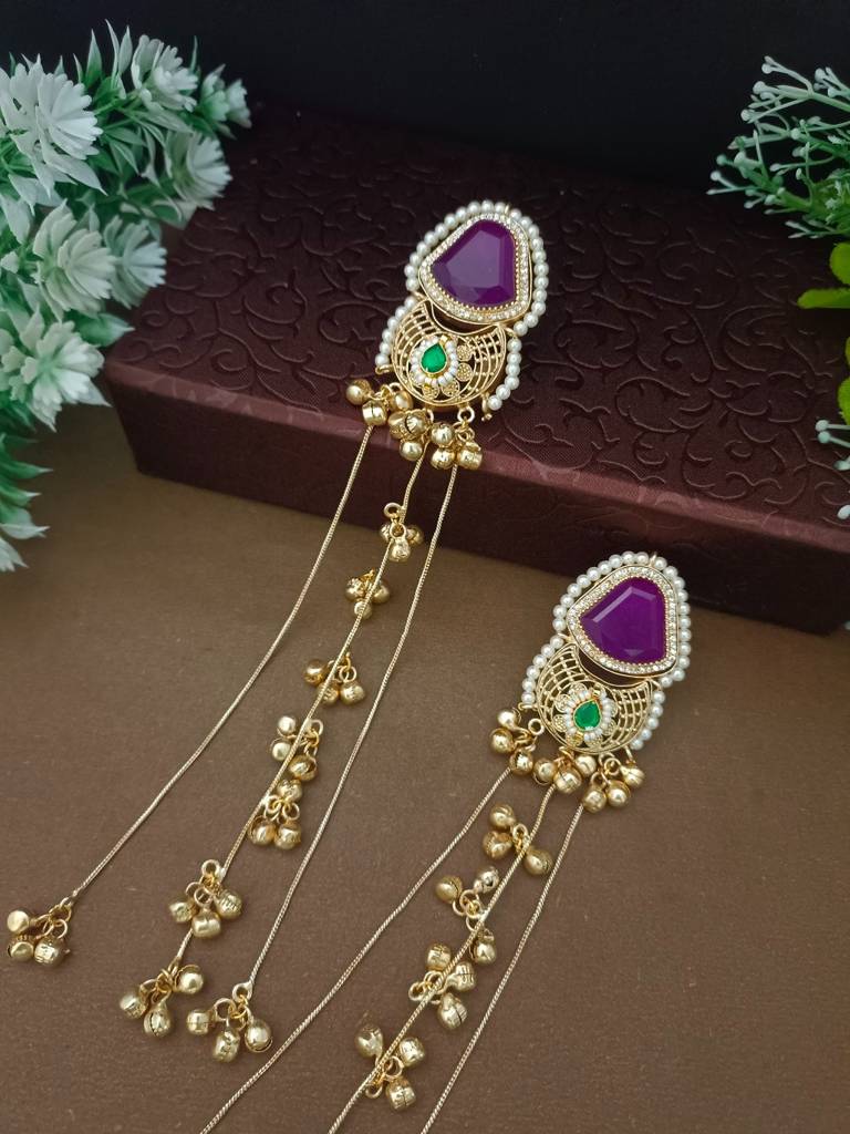Brass-Plated Pachi Kundan Studded & Beaded Kashmiri Drop Earrings : VS105351