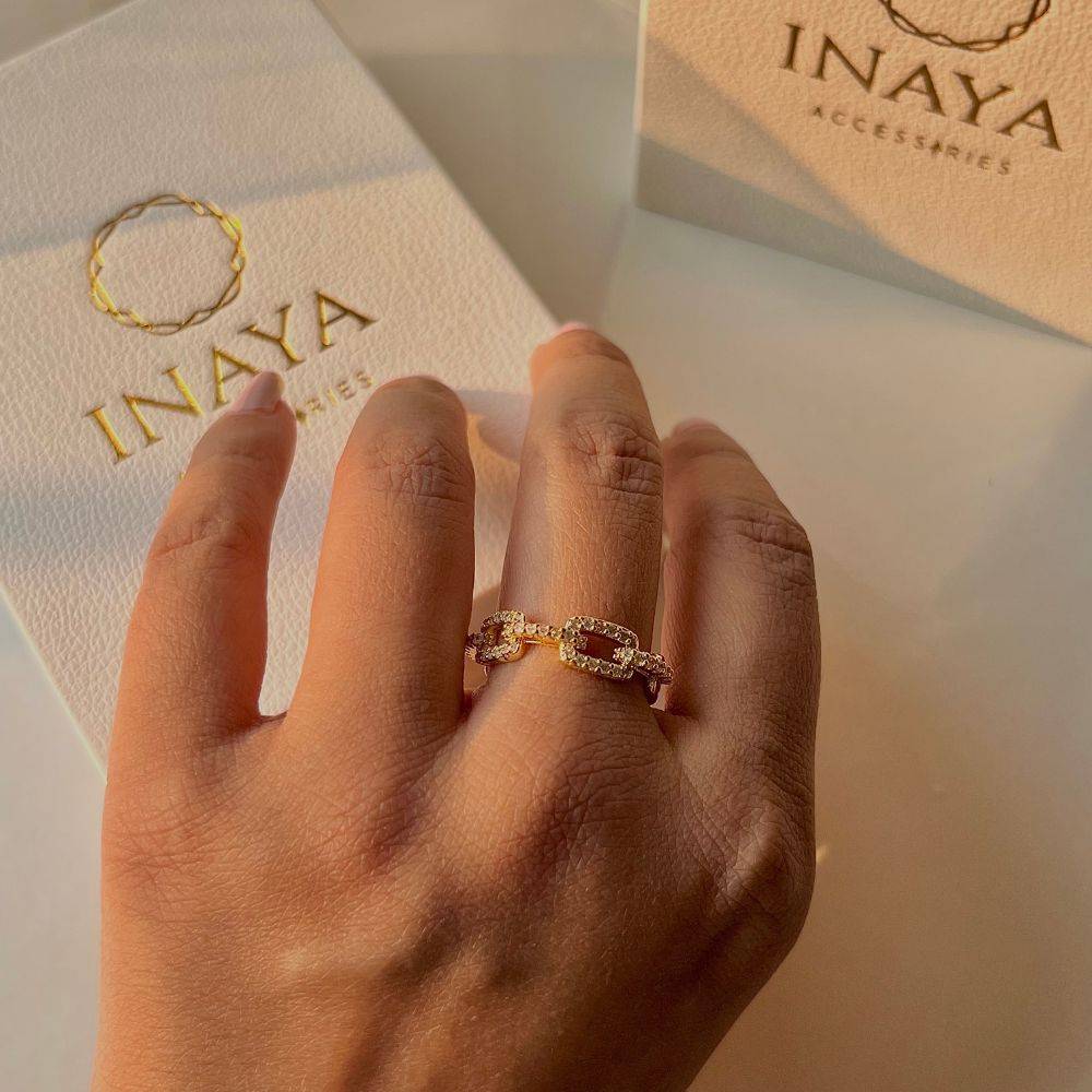 18Kt Gold Plated Cuban Stackable Zircon Open Adjustable Ring, Raya : INRAYA