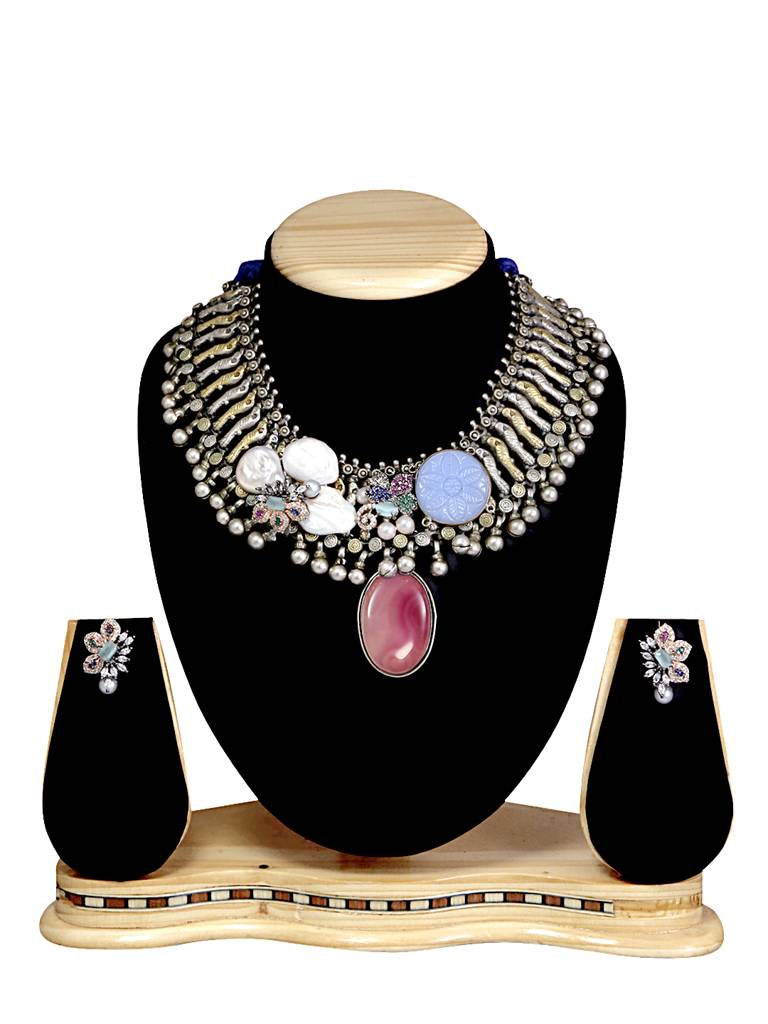 Stone Studded Oxidised Silver Statement Necklace Set : YI24A0078N