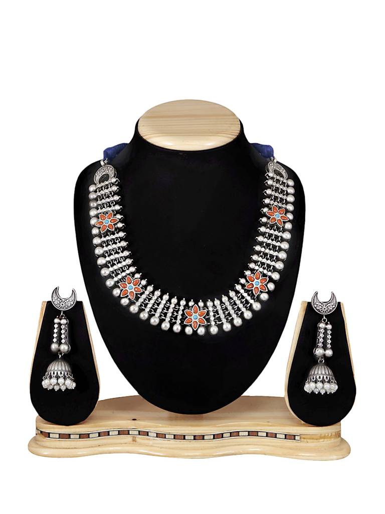 Oxidized Silver Choker Necklace Set : YI24A0066N