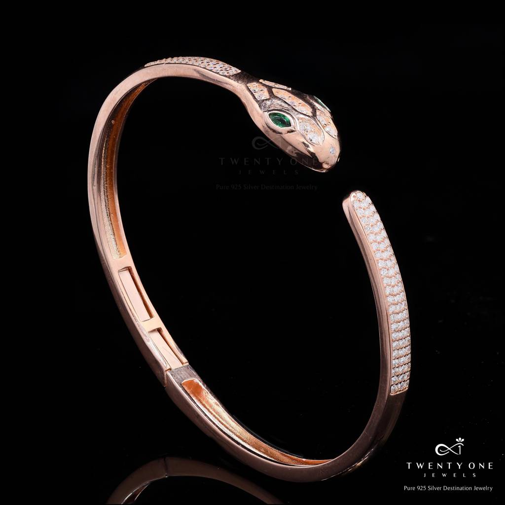 Luxury Brand Inspired Rose Gold Serpent Openable Bracelet With Micro Setting American Diamonds And Green Emerald Eye  : TB4152