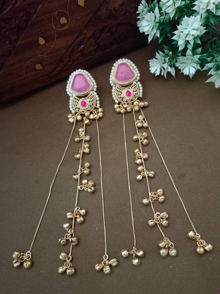 Brass-Plated Pachi Kundan Studded & Beaded Kashmiri Drop Earrings : VS105342