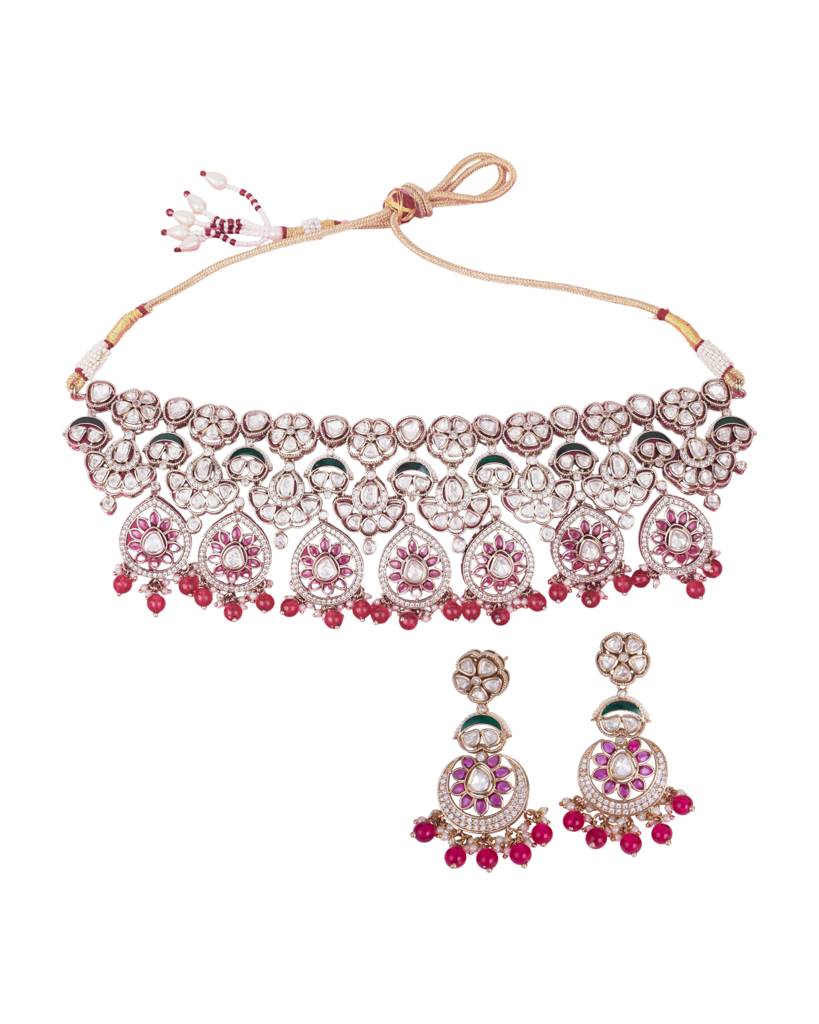 Trendy Flower Design And Chandelier Shape Red Uncut Kundan Stone Antique Gold Plated Brass Choker Necklace Set Fo : 15CS33-RED