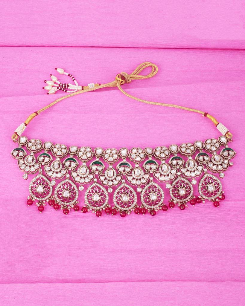 Trendy Flower Design And Chandelier Shape Red Uncut Kundan Stone Antique Gold Plated Brass Choker Necklace Set Fo : 15CS33-RED