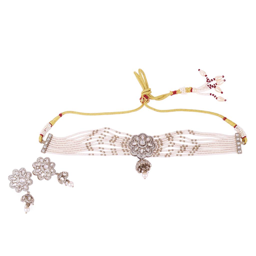 Fabulous Flower Design Gold Plated Pearl Choker Necklace Set For Women And Girls : 15CS60