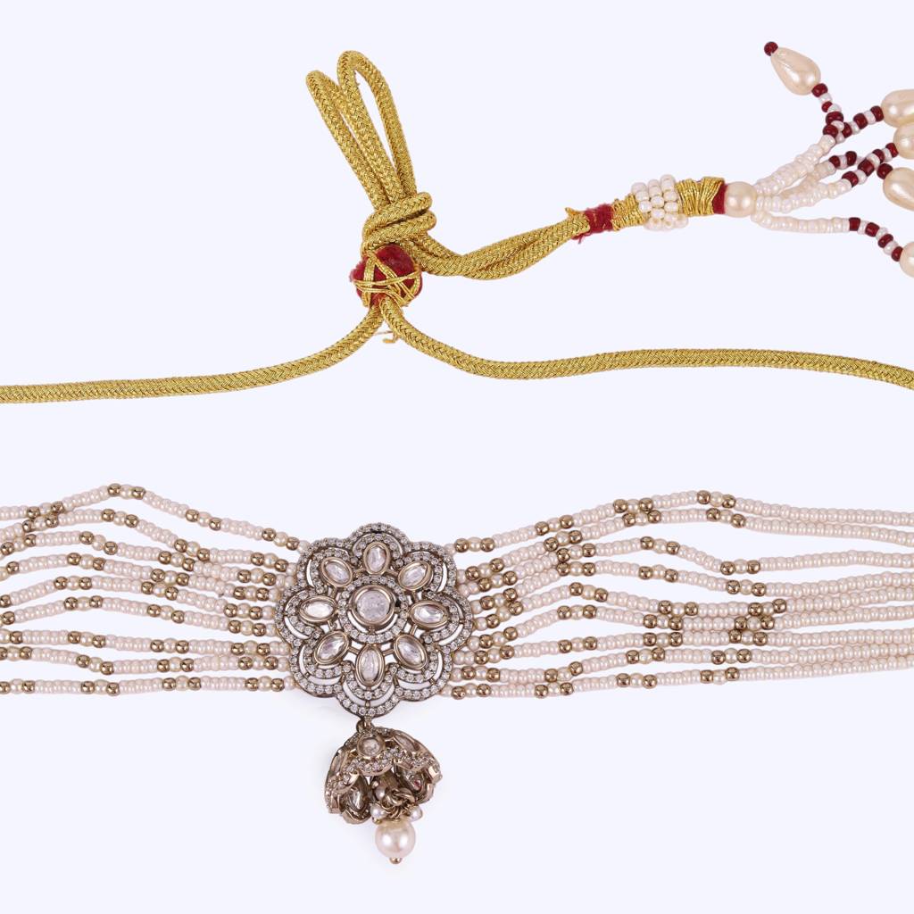 Fabulous Flower Design Gold Plated Pearl Choker Necklace Set For Women And Girls : 15CS60
