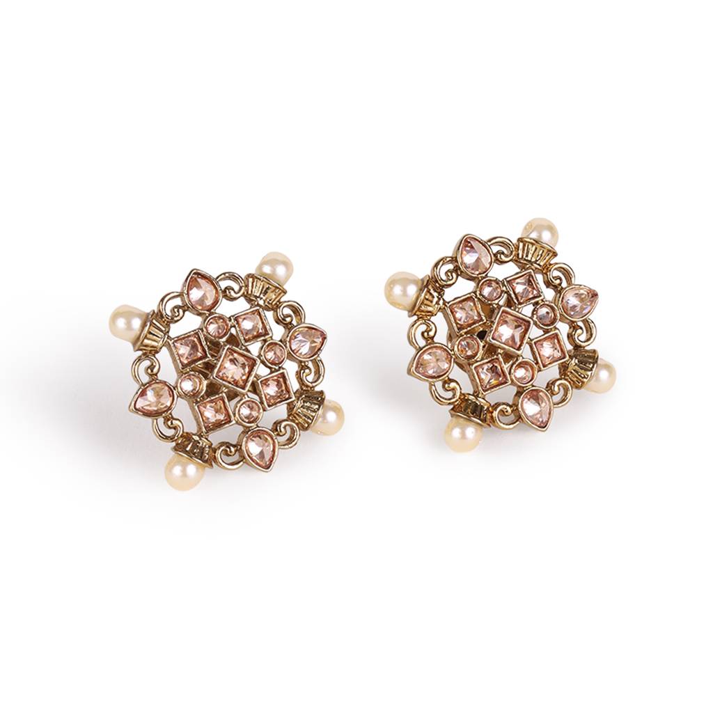 Round Shape & Flower Design Gold Plated Brass Stud Earring For Women : 15ER5131