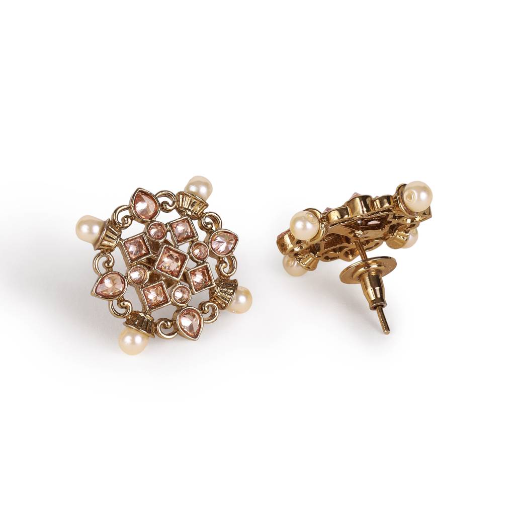 Round Shape & Flower Design Gold Plated Brass Stud Earring For Women : 15ER5131