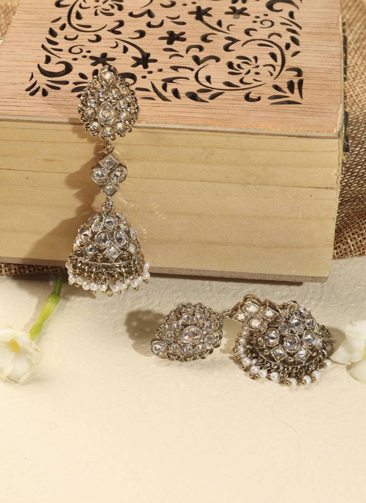 Traditional Oval Shape Antique Gold Plated Brass Jhumki Earring For Women : 15ER5405_White