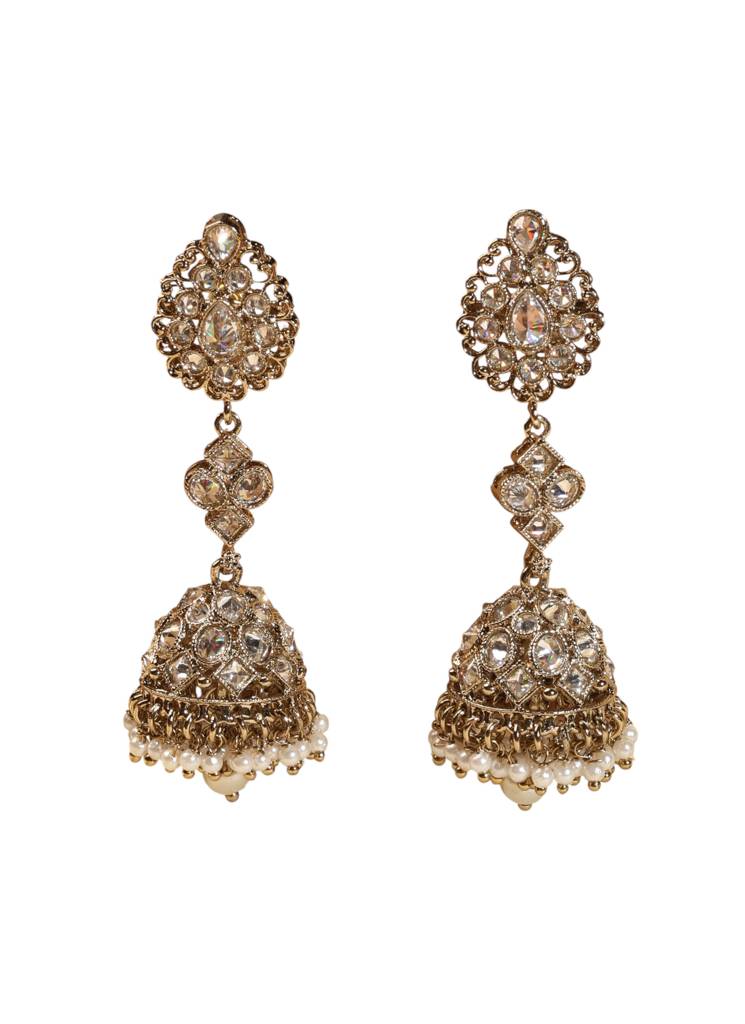 Traditional Oval Shape Antique Gold Plated Brass Jhumki Earring For Women : 15ER5405_White