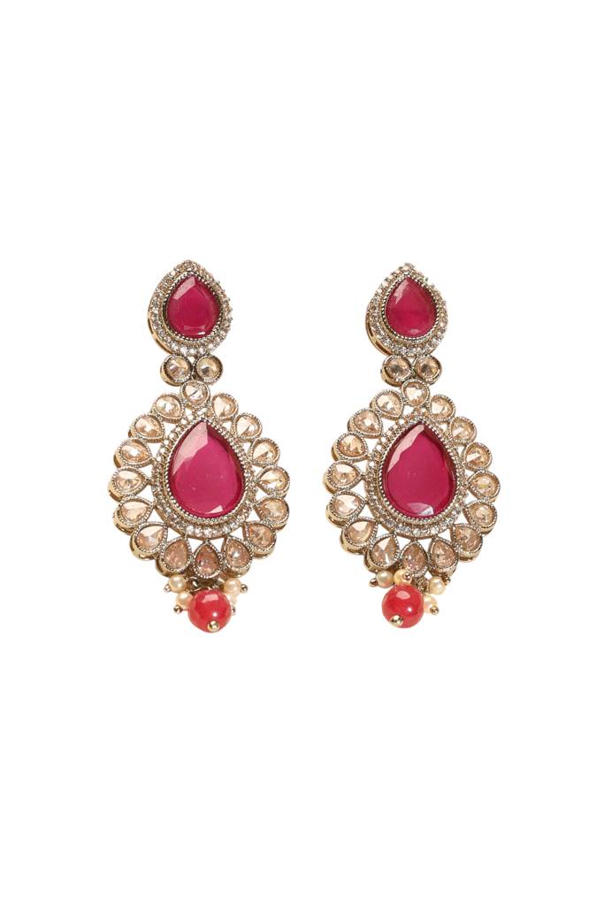 Stylish Round And Oval Shape Red Kundan Stone Antique Gold Plated Brass Dangle Earring For Women : 15ER549_Red