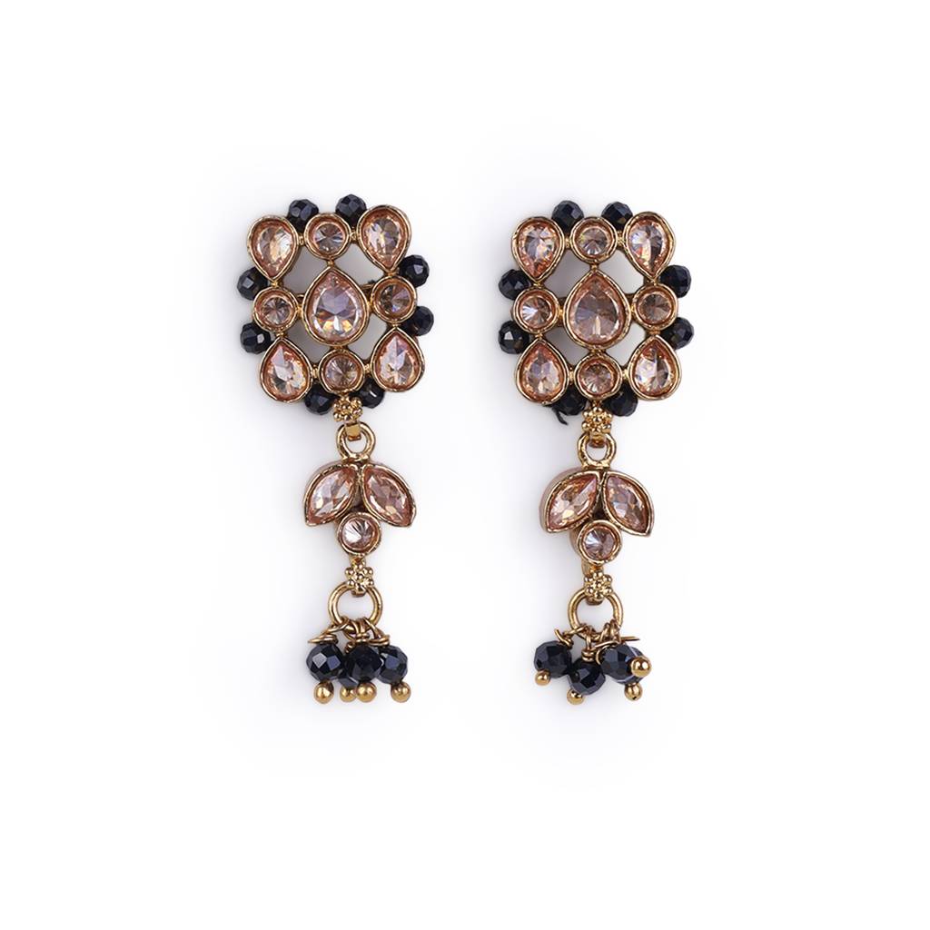 Flower Design Black Beads Gold Plated Brass Dangle Earring For Women : 15ER585