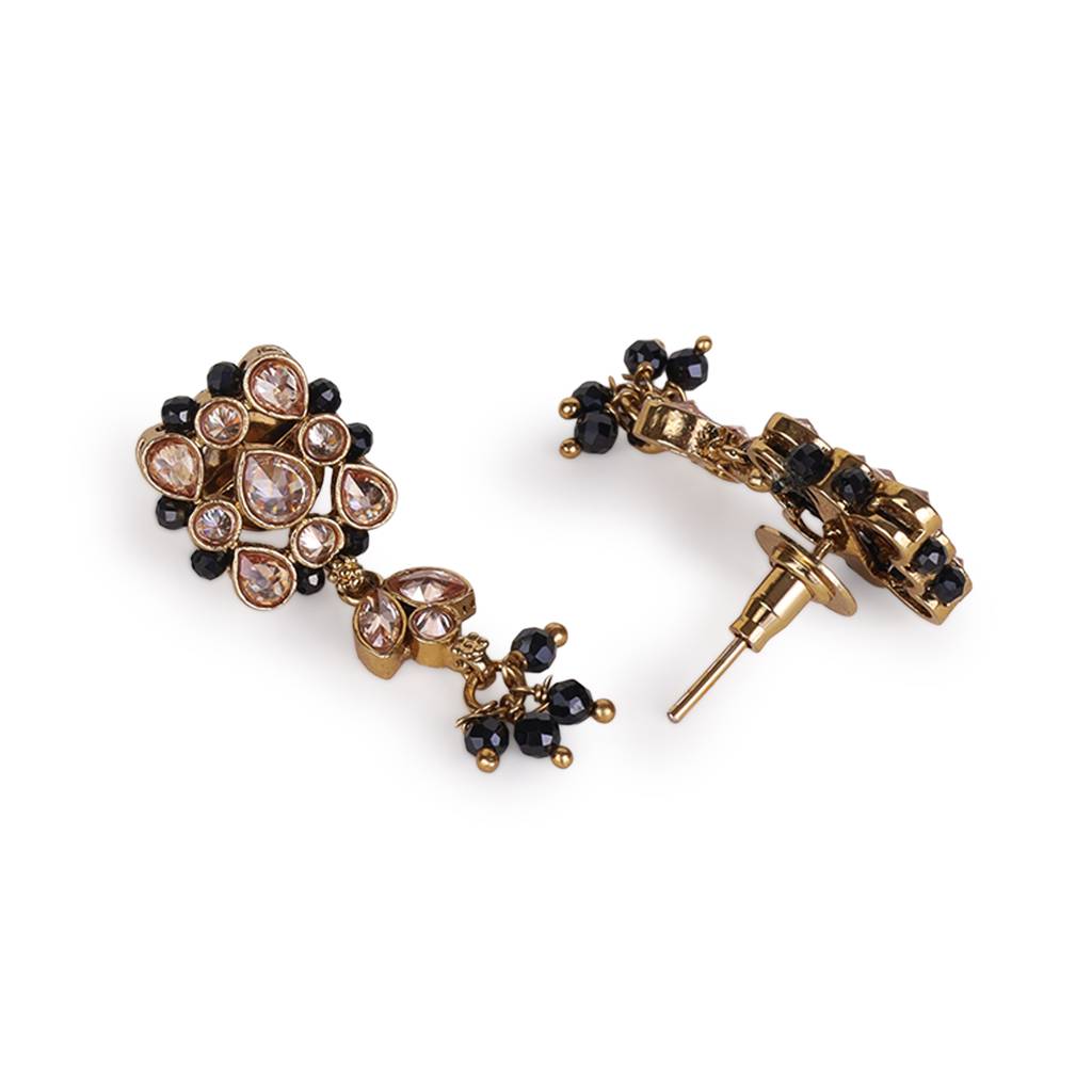 Flower Design Black Beads Gold Plated Brass Dangle Earring For Women : 15ER585