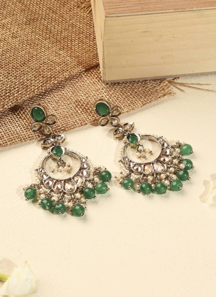 Gorgeous Circle And Leaf Shape Pearl Kundan Stone Antique Gold Plated Brass Chandelier Earring With Maang Tik : 15ET1287_Green