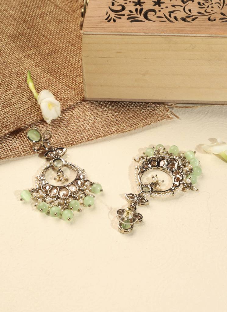 Gorgeous Circle And Leaf Shape Pearl Kundan Stone Antique Gold Plated Brass Chandelier Earring With Maan : 15ET1287_LightGreen