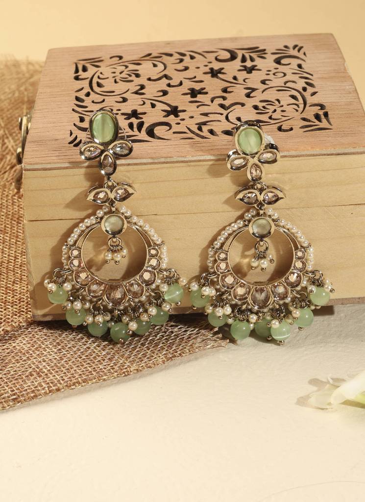 Gorgeous Circle And Leaf Shape Pearl Kundan Stone Antique Gold Plated Brass Chandelier Earring With Maan : 15ET1287_LightGreen