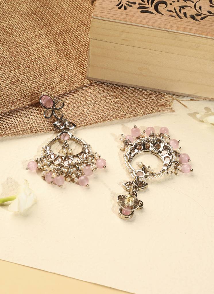 Gorgeous Circle And Leaf Shape Pearl Kundan Stone Antique Gold Plated Brass Chandelier Earring With Maang Tikk : 15ET1287_Pink