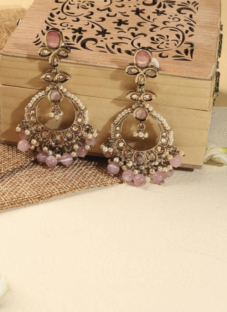 Gorgeous Circle And Leaf Shape Pearl Kundan Stone Antique Gold Plated Brass Chandelier Earring With Maang Tikk : 15ET1287_Pink