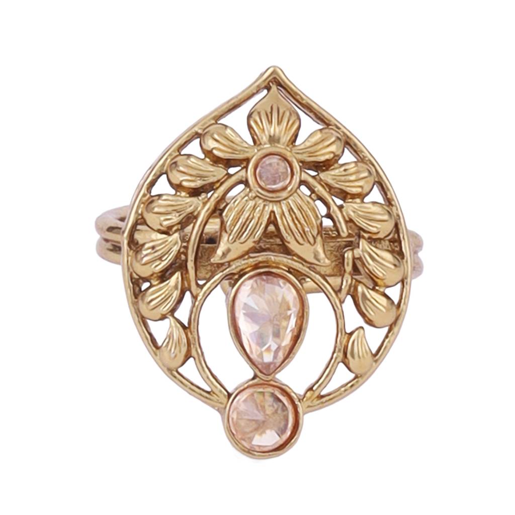 Superb Flower And Oval Shape Gold Plated Set Of 2 Combo Adjustable Finger Ring For Women : 15FR1200_15FR1217