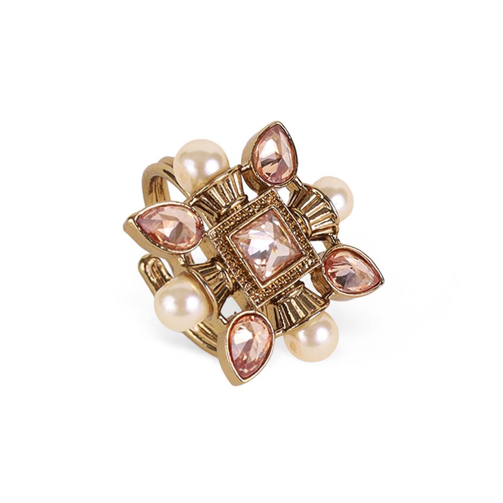 Superb Flower And Oval Shape Gold Plated Set Of 2 Combo Adjustable Finger Ring For Women : 15FR1200_15FR1217