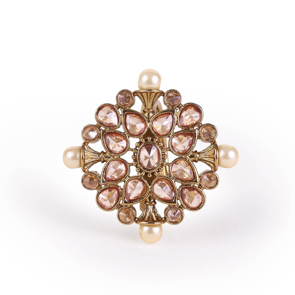 Round And Flower Design Gold Plated Brass Adjustable Finger Ring For Women & Girls : 15FR1218