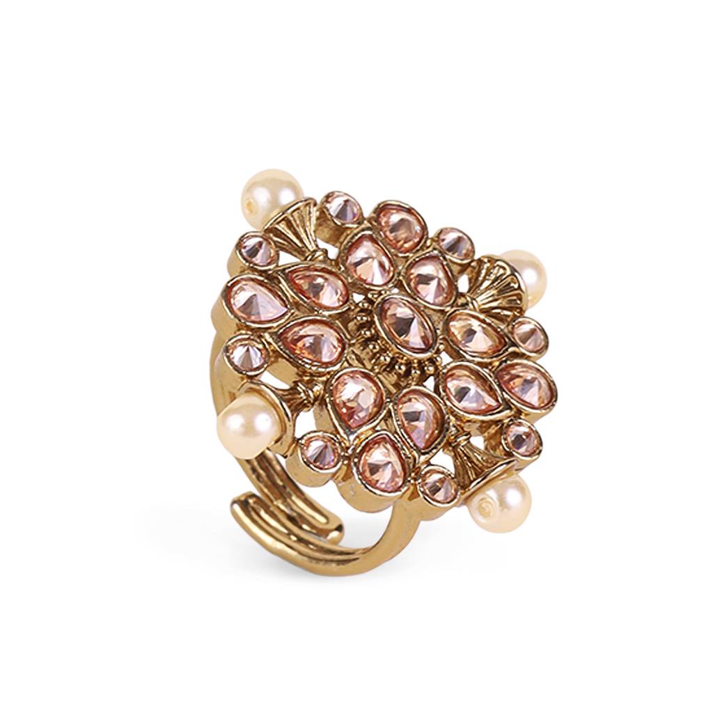 Round And Flower Design Gold Plated Brass Adjustable Finger Ring For Women & Girls : 15FR1218