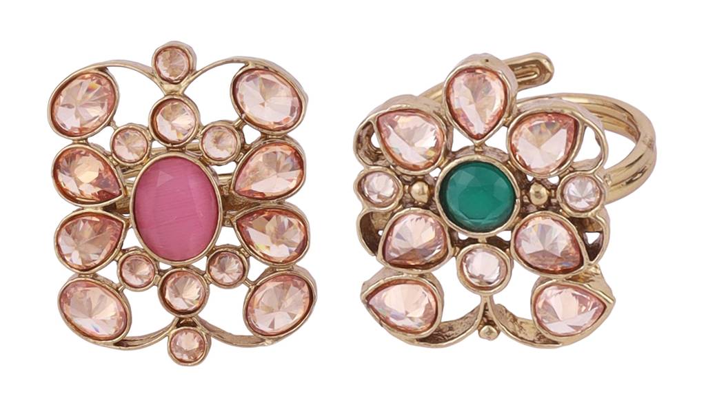 Pleasant Oval Shape Gold Plated Set Of 2 Combo Adjustable Finger Ring For Women : 15FR32_15FR1209
