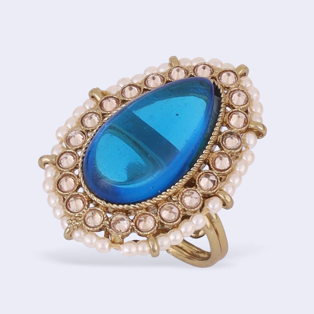Splendid Oval Shape Center Blue Stone Gold Plated Adjustable Finger Ring For Women : 15FR356