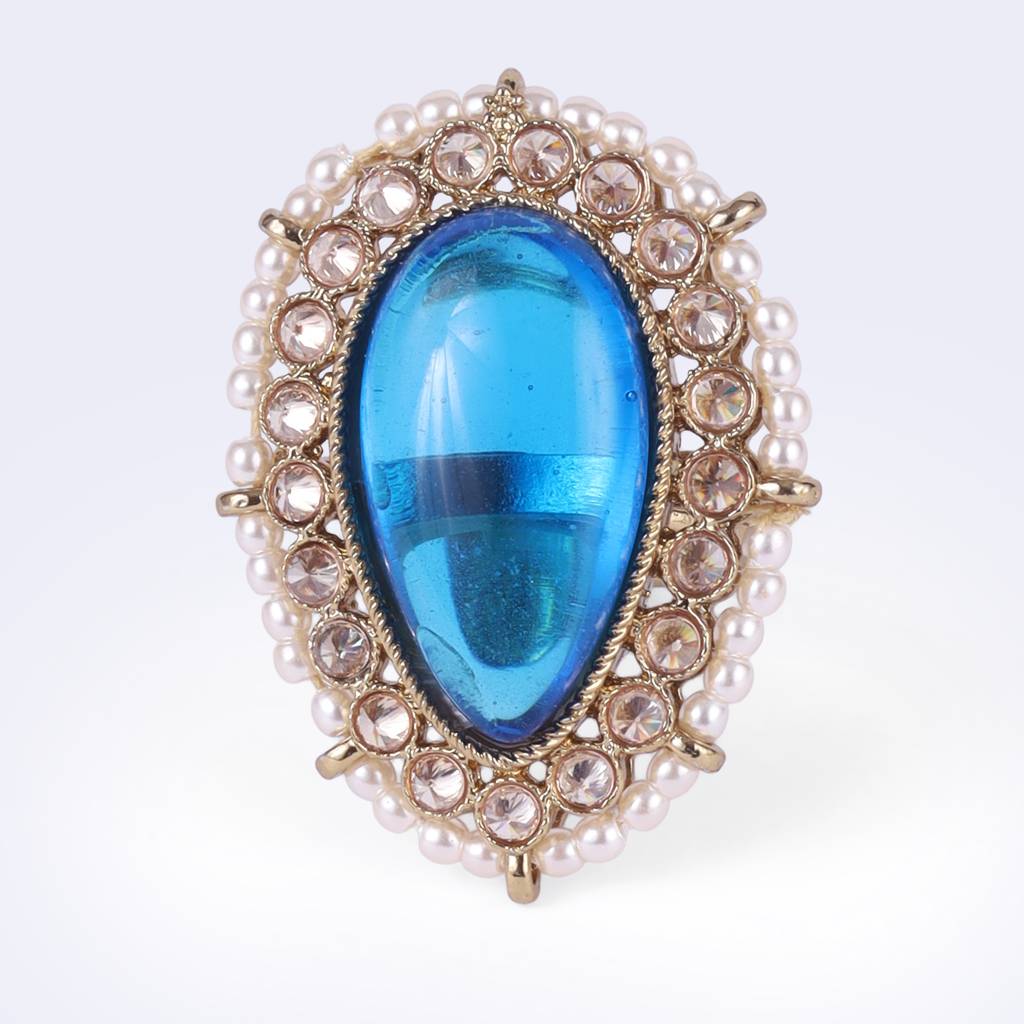 Splendid Oval Shape Center Blue Stone Gold Plated Adjustable Finger Ring For Women : 15FR356