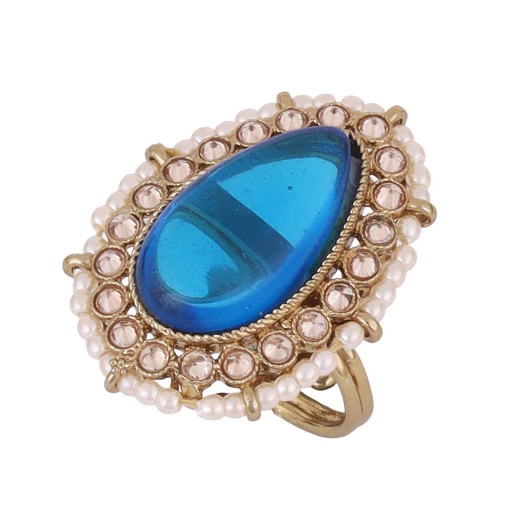 Splendid Oval Shape Center Blue Stone Gold Plated Adjustable Finger Ring For Women : 15FR356