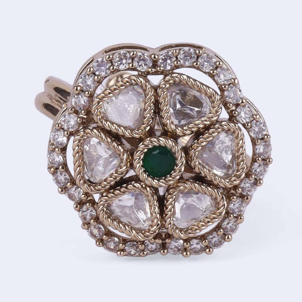 Flower Design White Stone Gold Plated Brass Adjustable Finger Ring For Women & Girls : 15FR54