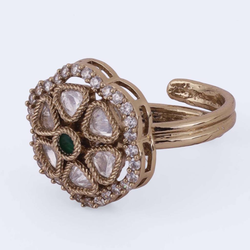 Flower Design White Stone Gold Plated Brass Adjustable Finger Ring For Women & Girls : 15FR54