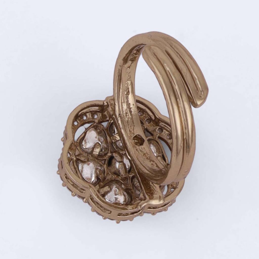 Flower Design White Stone Gold Plated Brass Adjustable Finger Ring For Women & Girls : 15FR54