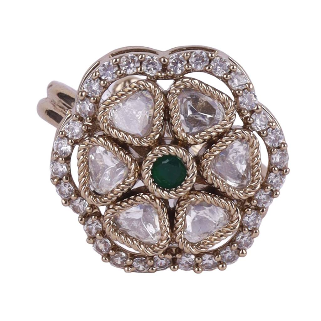 Pleasing Round And Trangle Shape Gold Plated Adjustable Finger Ring For Women : 15FR54-Green