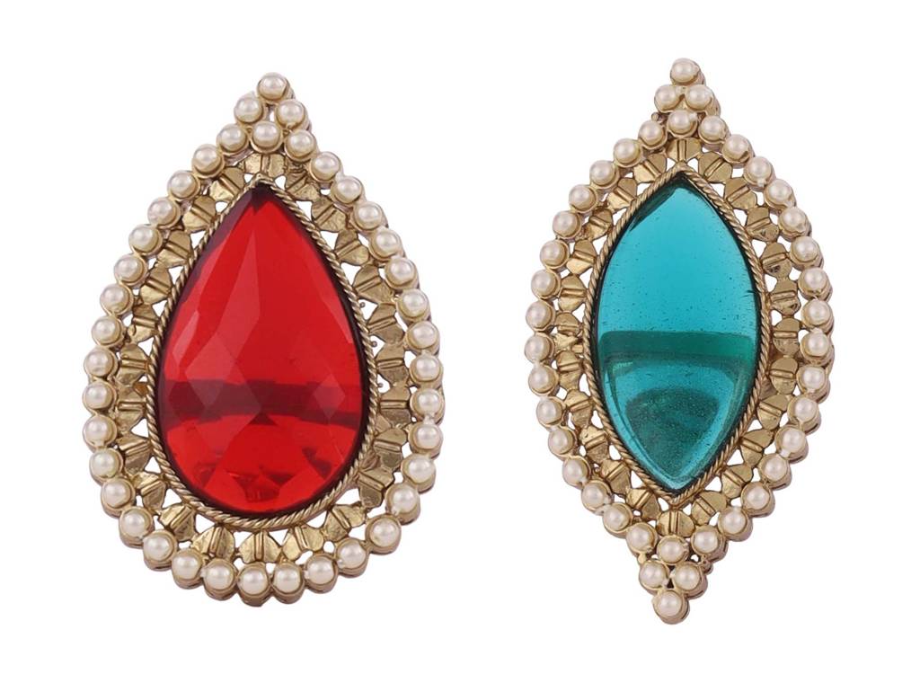 Inspired Oval Shape Center Red Stone Gold Plated Set Of 2 Combo Adjustable Finger Ring For Women : 15FR790_15FR792
