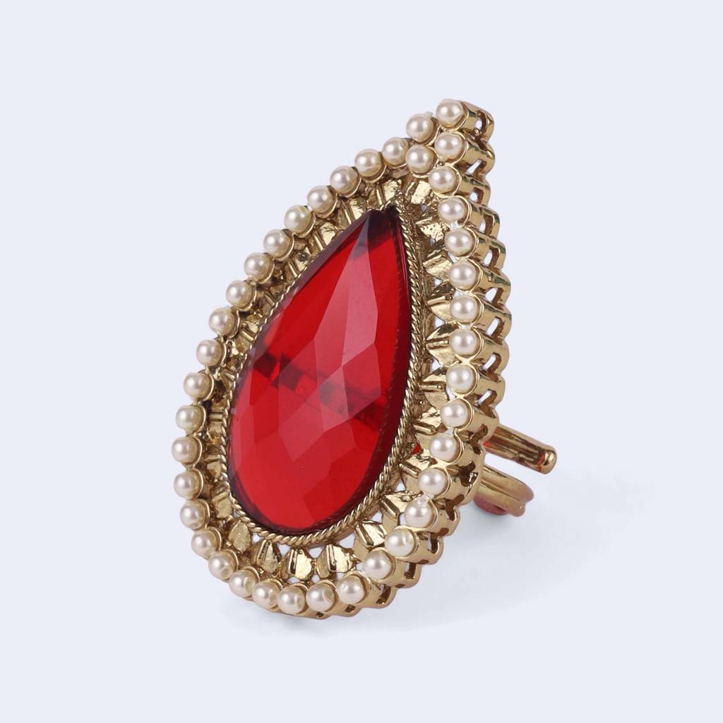 Inspired Oval Shape Center Red Stone Gold Plated Adjustable Finger Ring For Women : 15FR790