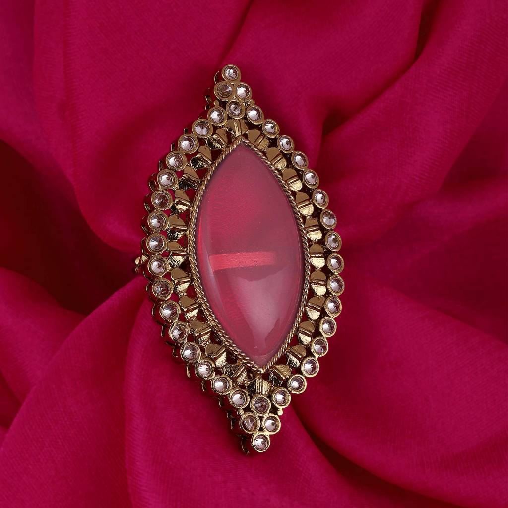 Lavish Oval Shape Center Pink Stone Gold Plated Set Of 2 Combo Adjustable Finger Ring For Women : 15FR792-P_15FR792-O