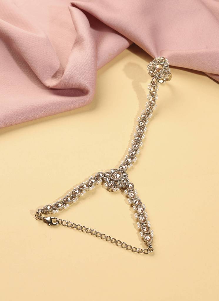 Elegant Flower And Oval Shape Pearl Kundan Stone Antique Gold Plated Set Of 2 Brass Hathphool For Women : 15HP97_Brown