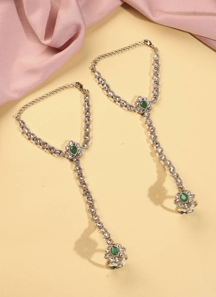 Elegant Flower And Oval Shape Pearl Kundan Stone Antique Gold Plated Set Of 2 Brass Hathphool For Women : 15HP97_Green