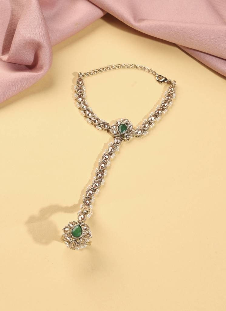 Elegant Flower And Oval Shape Pearl Kundan Stone Antique Gold Plated Set Of 2 Brass Hathphool For Women : 15HP97_Green