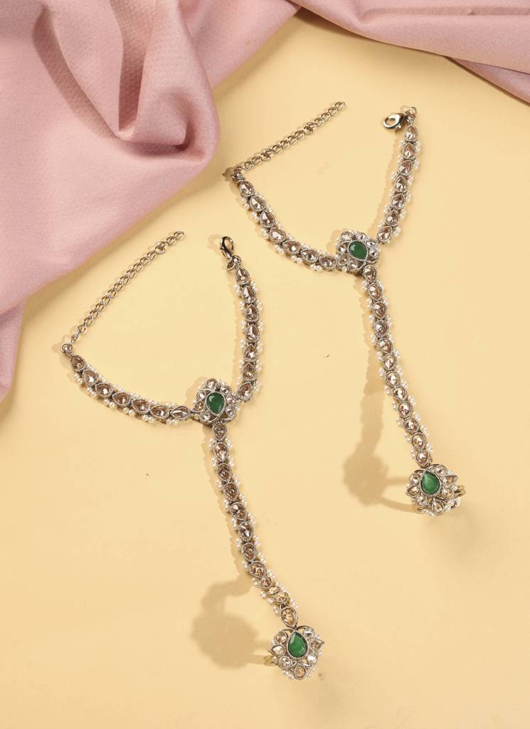 Elegant Flower And Oval Shape Pearl Kundan Stone Antique Gold Plated Set Of 2 Brass Hathphool For Women : 15HP97_Green