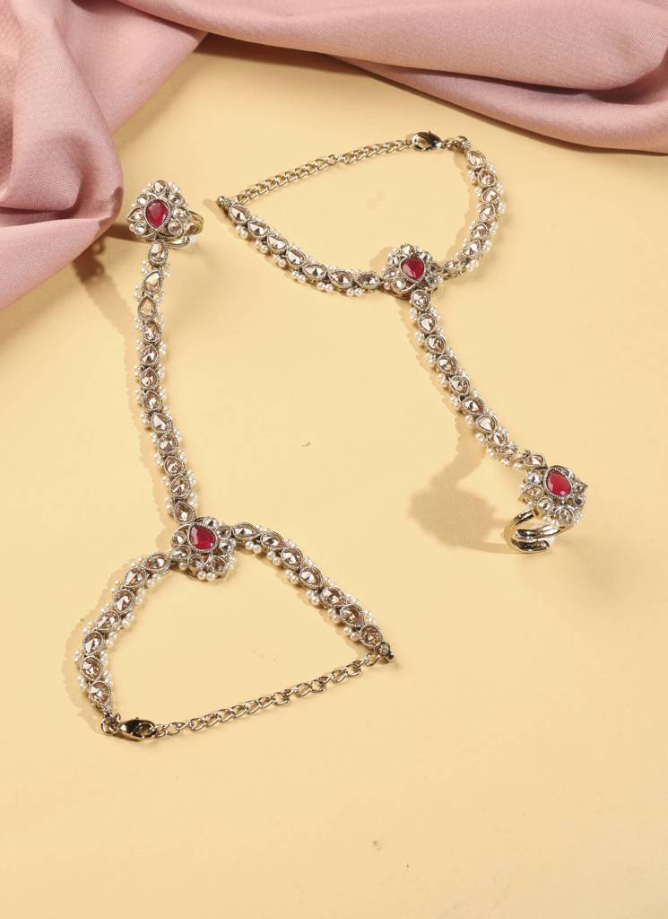 Elegant Flower And Oval Shape Pearl Kundan Stone Antique Gold Plated Set Of 2 Brass Hathphool For Women : 15HP97_Red