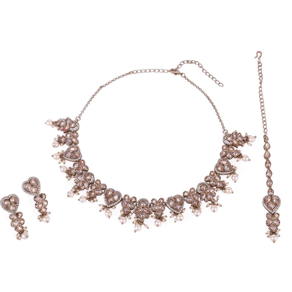 Glorious Heart And Flower Design Gold Plated Choker Necklace Set With Maangikka For Women And Girls : 15HS244