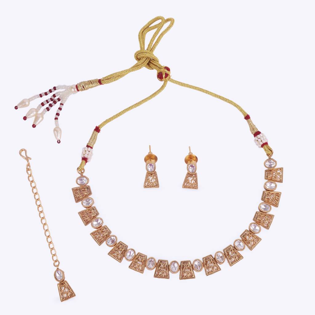 Elegant Rajwadi Gold Plated Choker Necklace Set With Maangtikka For Women And Girls : 15HS85-Gold