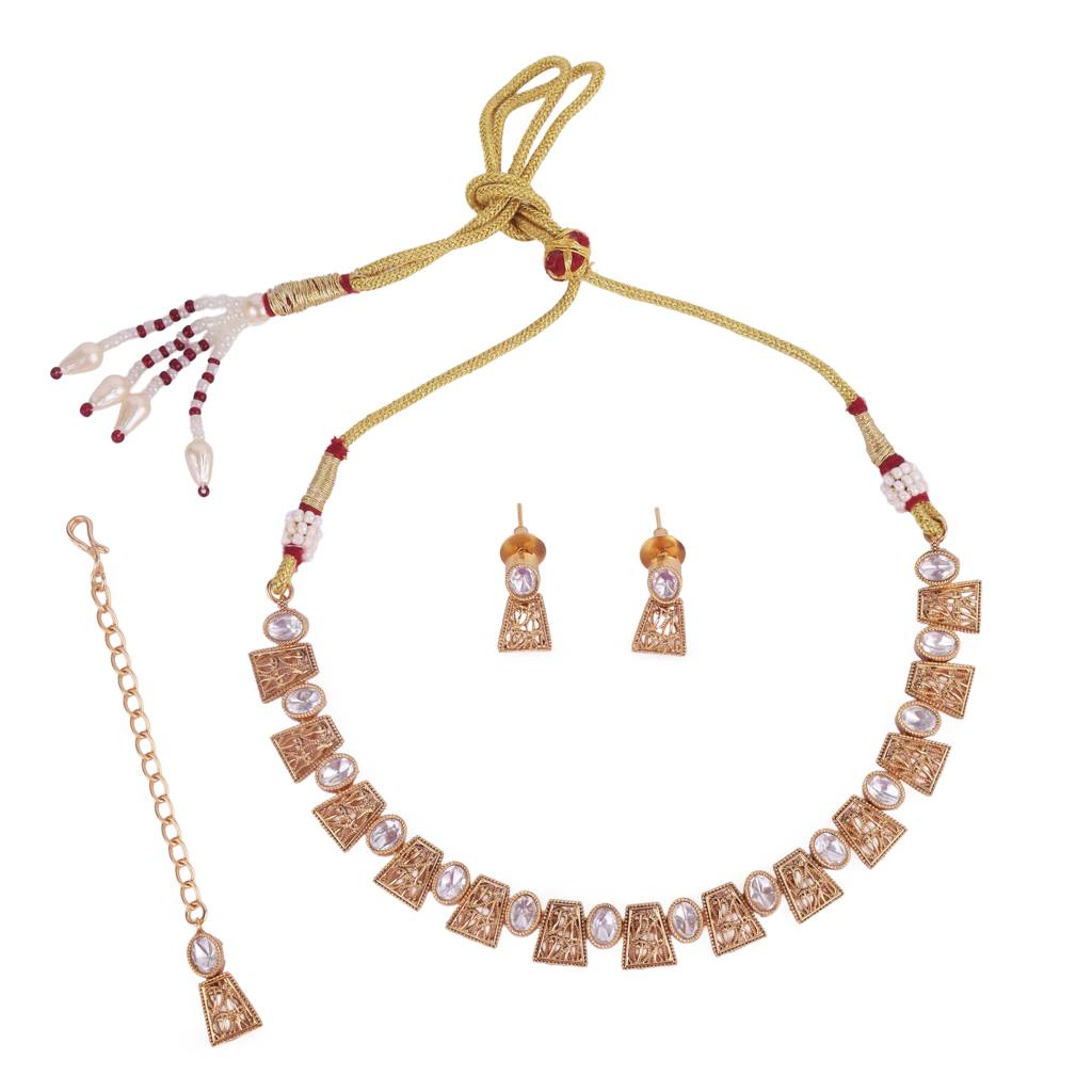 Elegant Rajwadi Gold Plated Choker Necklace Set With Maangtikka For Women And Girls : 15HS85-Gold